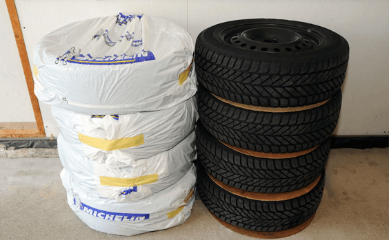 wrap tires in plastic bags and seal it with tape